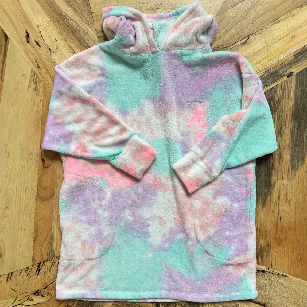 Justice Girls Plush Oversized Hoodie Sleep Shirt Tie Dye Lounge Wear Size S/M